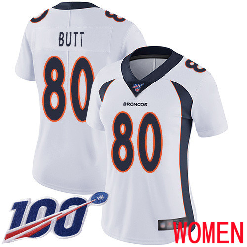 Women Denver Broncos #80 Jake Butt White Vapor Untouchable Limited Player 100th Season Football NFL Jersey